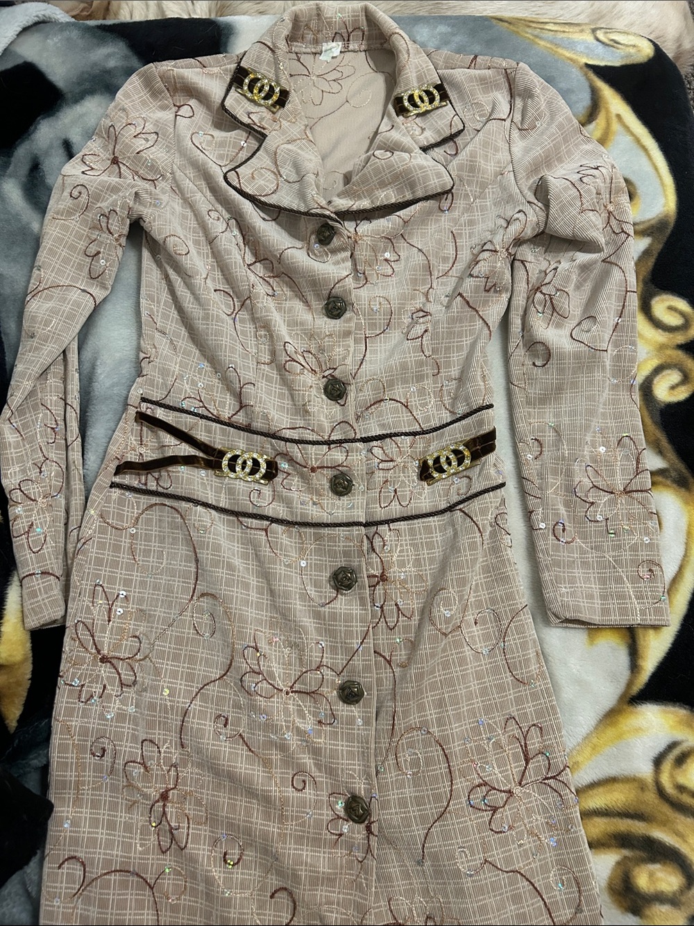 Beige Flower-Embroidered Ladies Button-Front Dress Coat